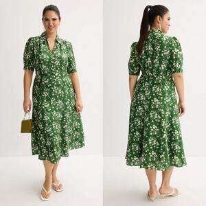 L.K. Bennett Sophie Dress Wildflower Print Pearl Button Midi A-Line Green 16